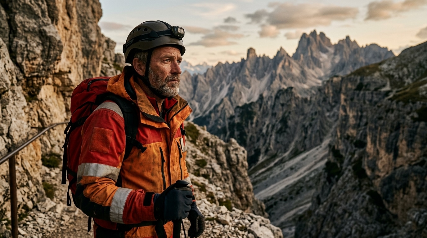 Secouriste en montagne regardant vers une paroi rocheuse