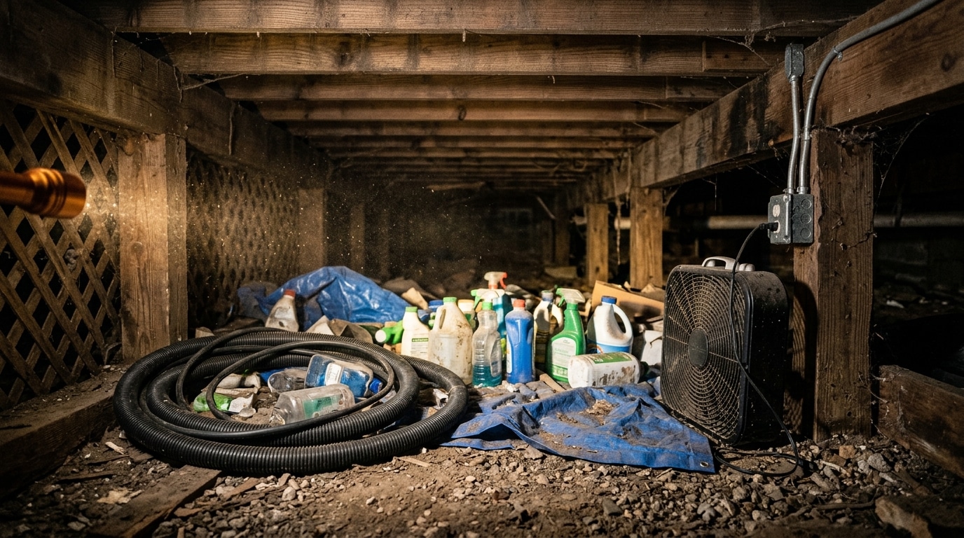 Cave cachée sous une maison avec ventilateur branché