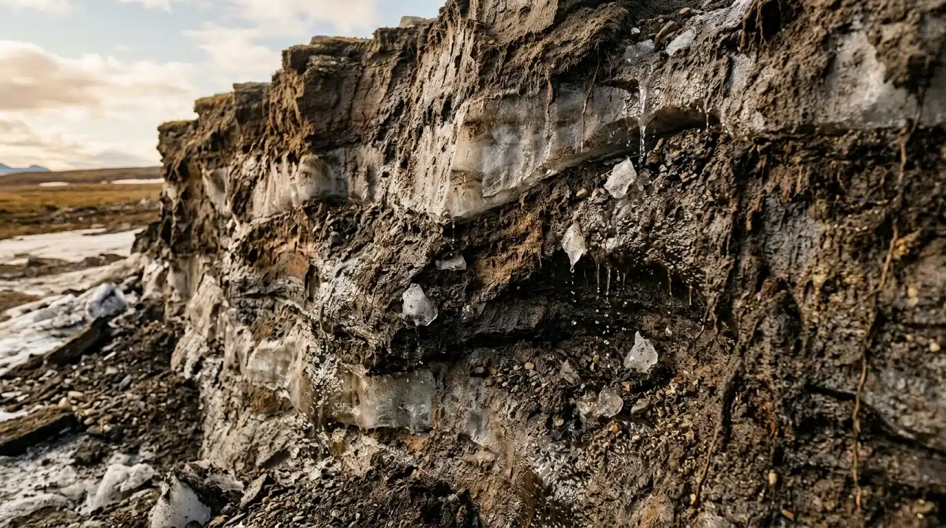 Paroi de glace et pergélisol exposés en été