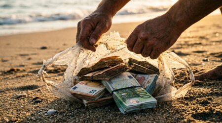 Sac plastique rempli de liasses de billets de banque sur le sable