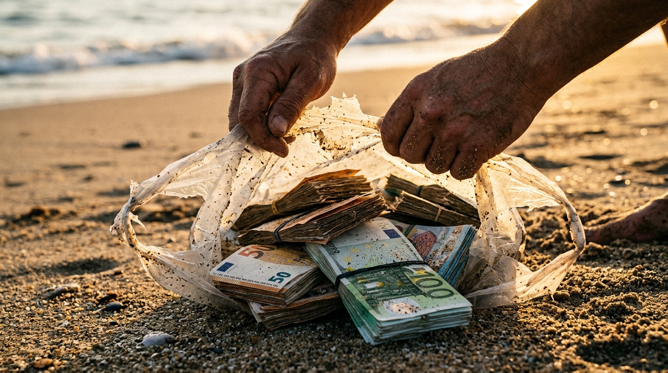 Sac plastique rempli de liasses de billets de banque sur le sable
