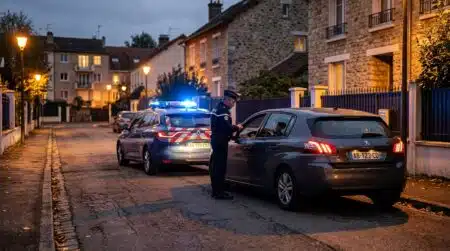 Voiture de police garée derrière un véhicule en détresse la nuit