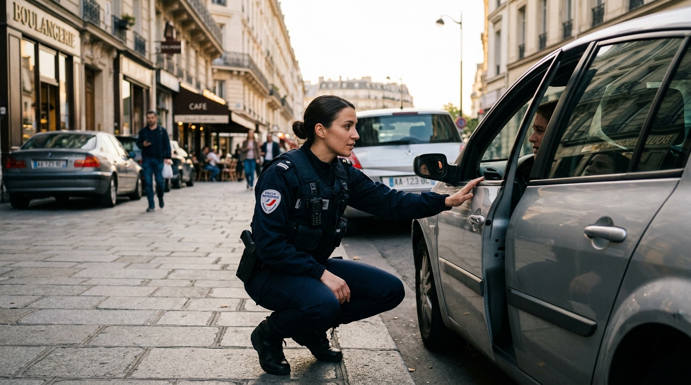 Policière réconfortant une personne à travers une portière ouverte