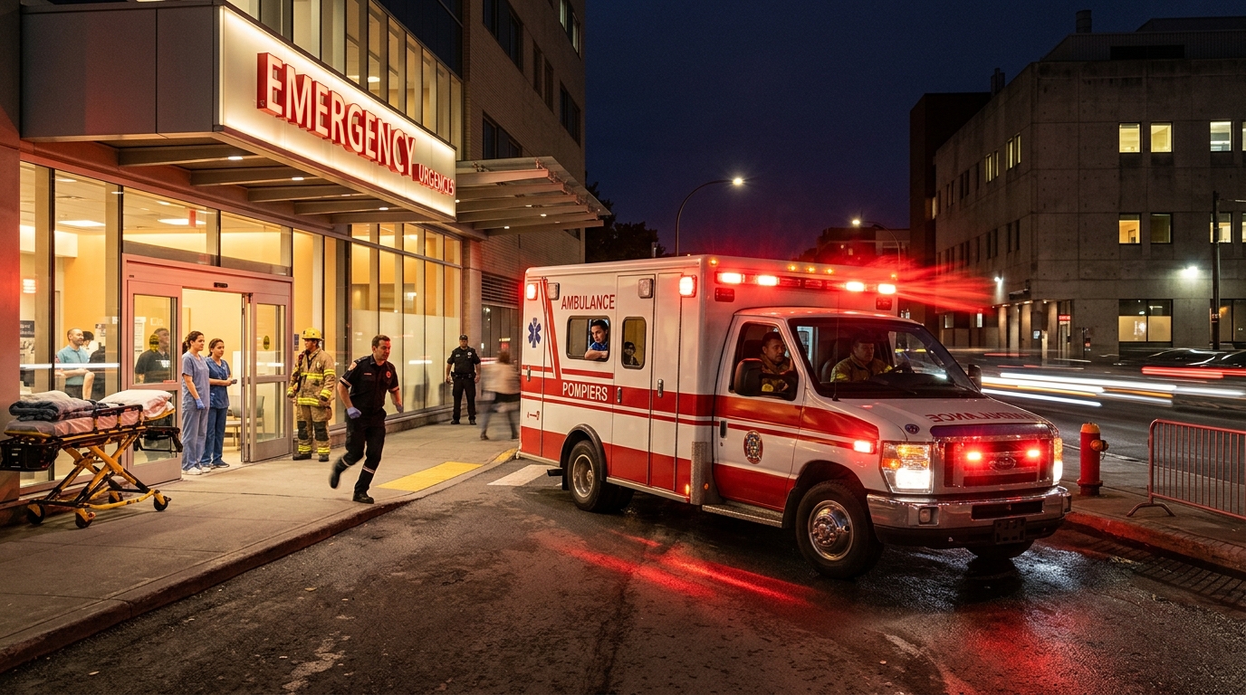 Ambulance des pompiers arrivant devant les urgences d'un hôpital