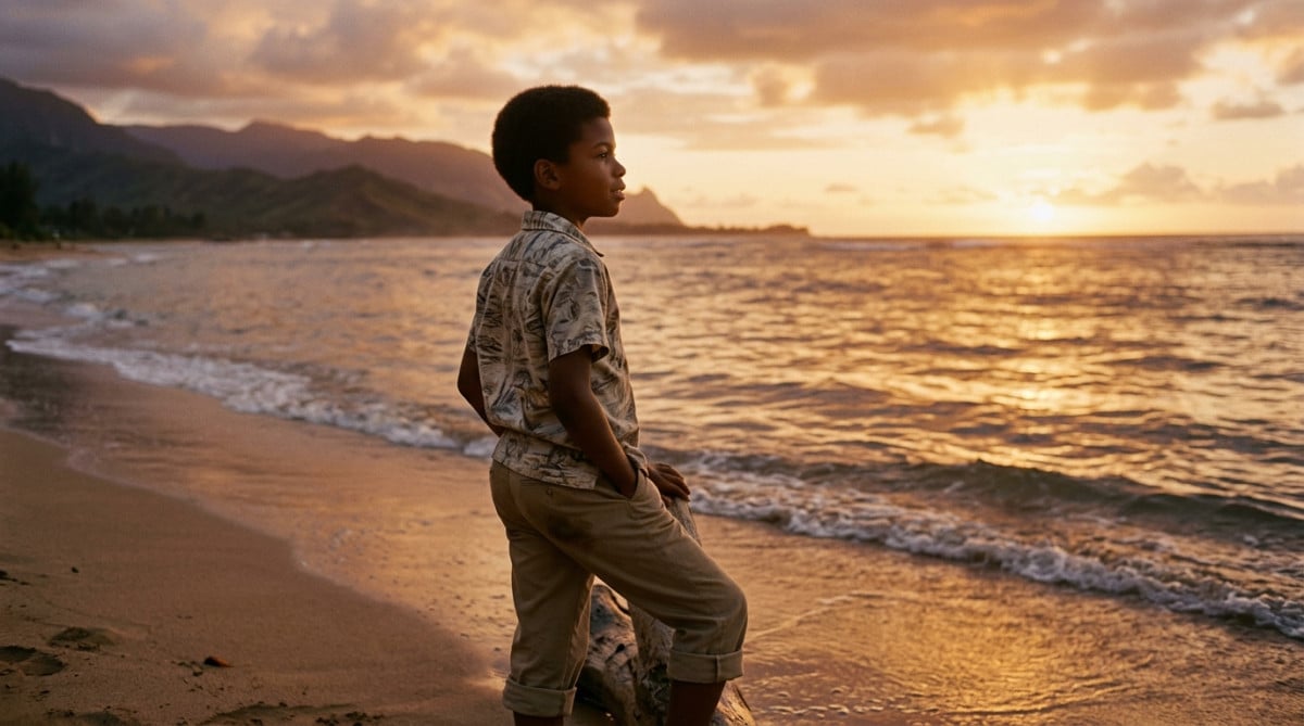 Enfant à Hawaï au coucher du soleil doré
