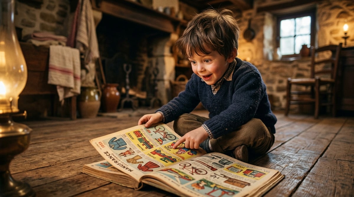 Enfant émerveillé devant un vieux catalogue de vente