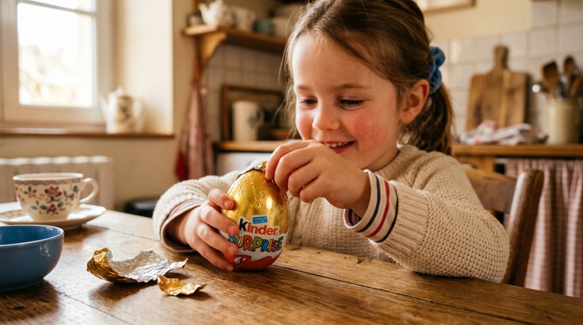 Enfant ouvrant un œuf Kinder Surprise en chocolat