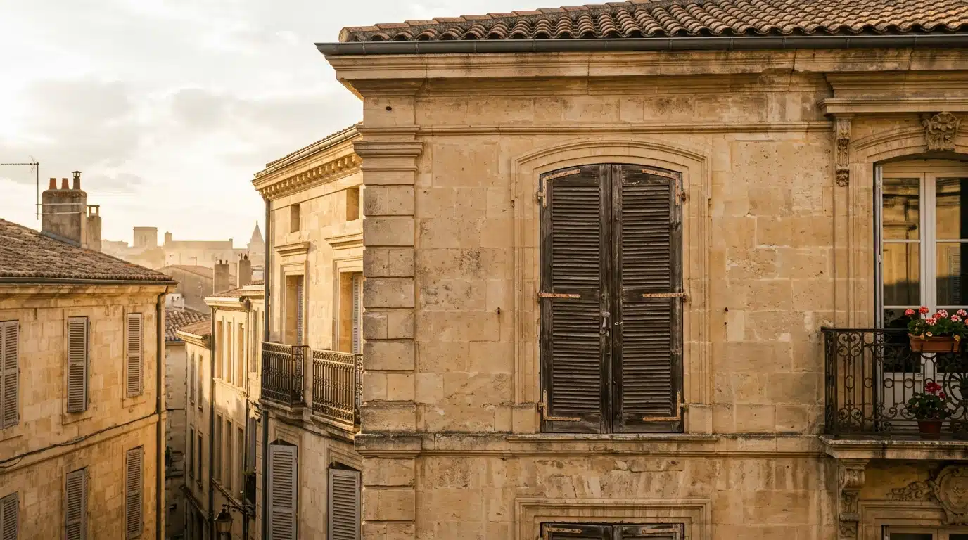 Fenêtre close d'un immeuble à Nîmes en plein été
