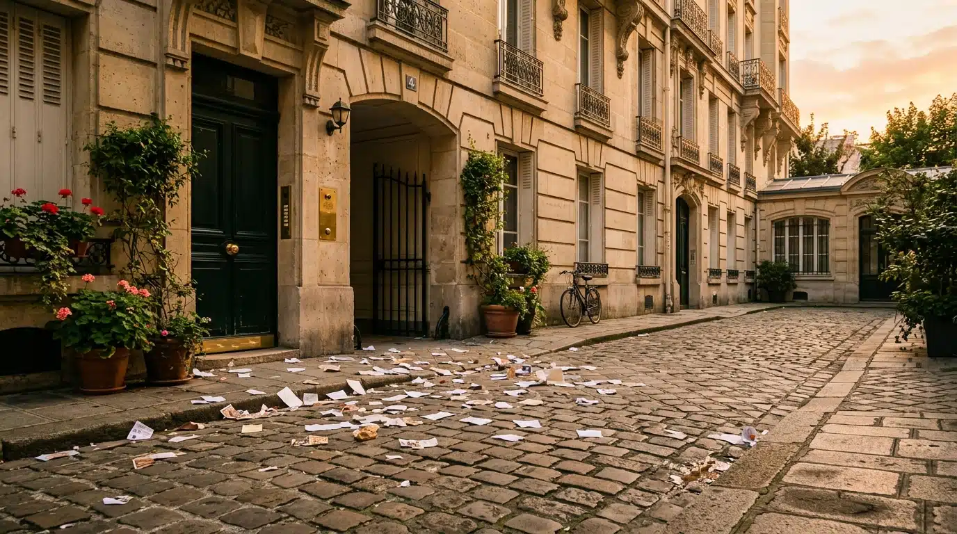Bouts de papier jetés au sol devant un immeuble