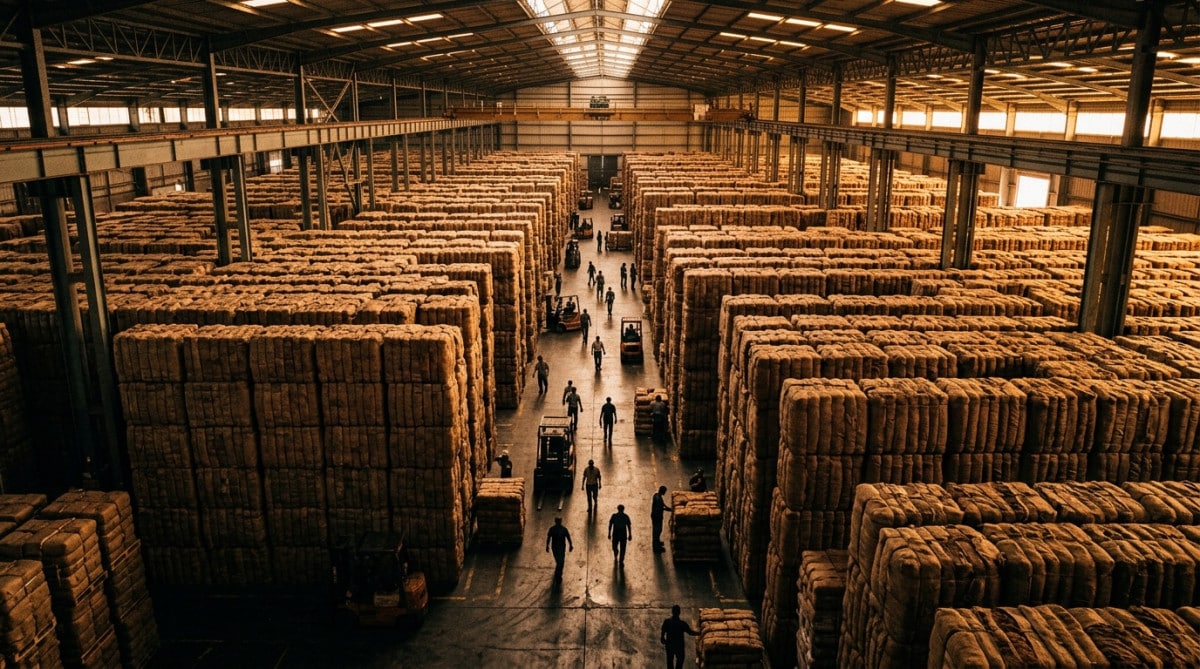 Entrepôt rempli de tonnes de tabac empilées