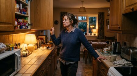Femme fatiguée devant un placard de biscuits le soir