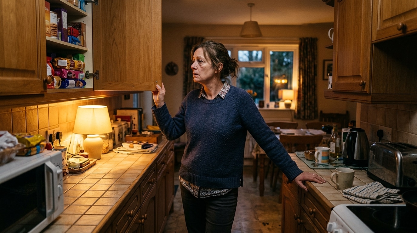 Femme fatiguée devant un placard de biscuits le soir