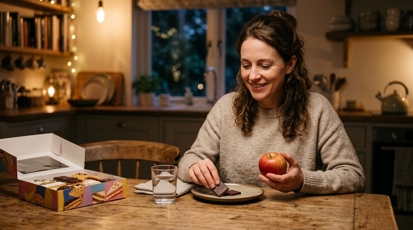 Femme choisissant une pomme plutôt qu'une pâtisserie