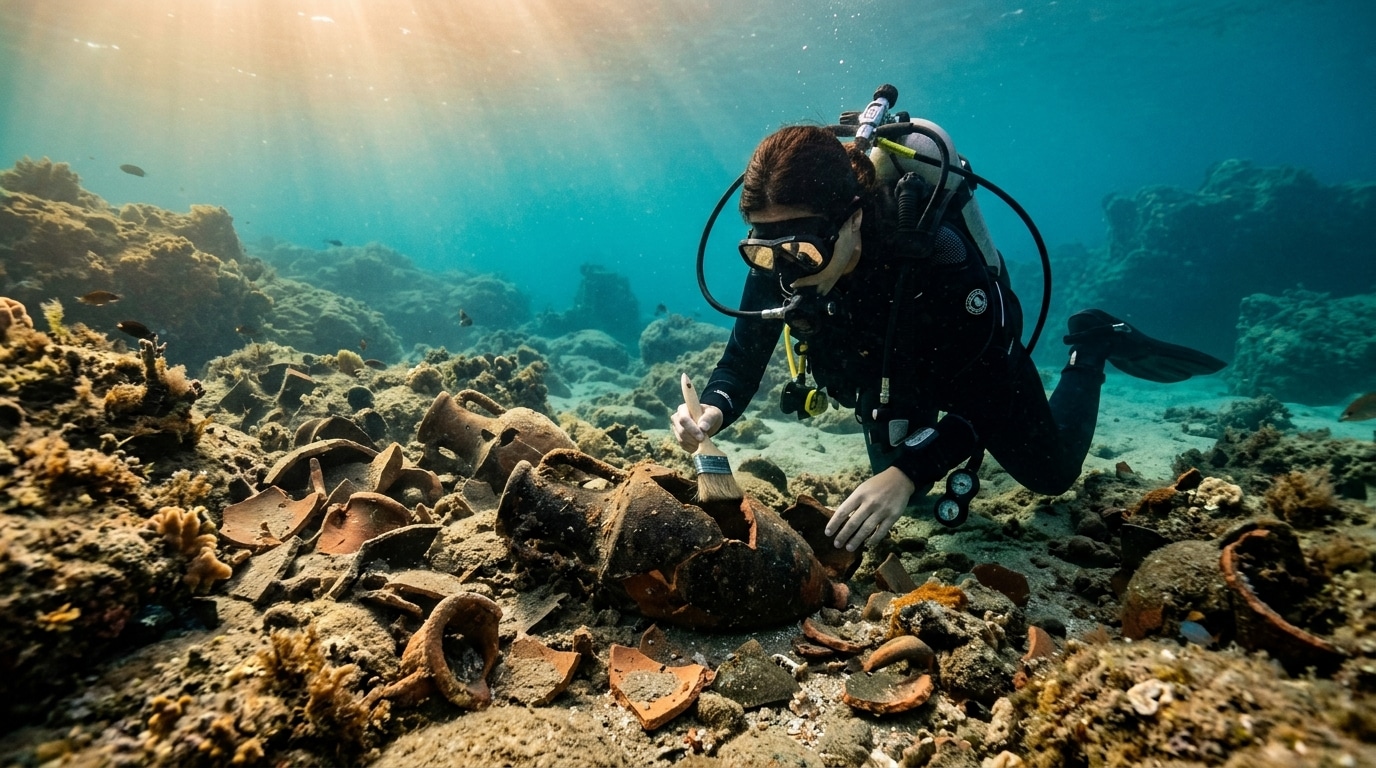 Archéologue examinant une épave antique en Méditerranée