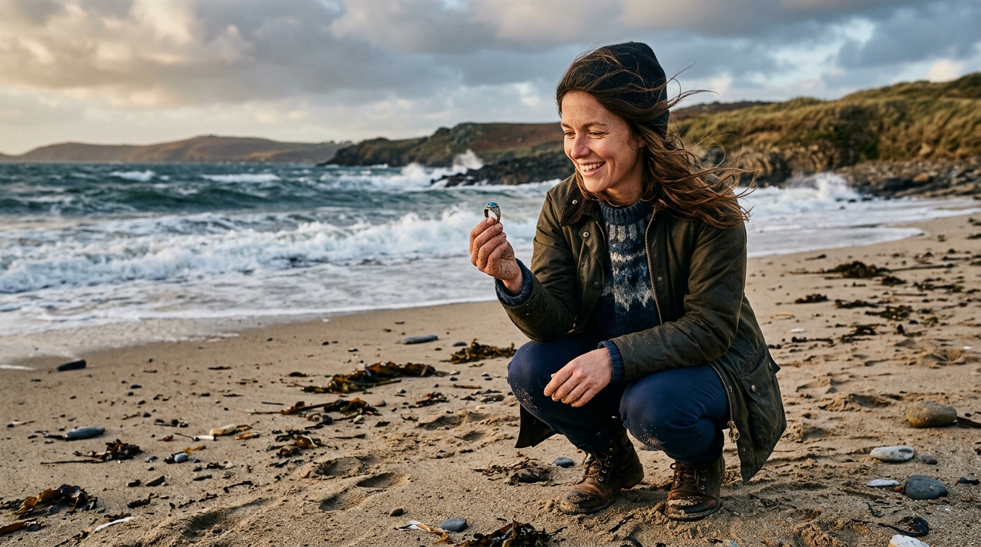 Femme trouvant une bague ancienne sur une plage bretonne