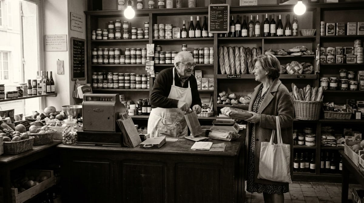 Épicerie traditionnelle française avant l'ouverture des hypermarchés