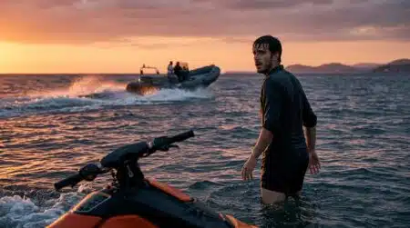 Homme choqué dans l'eau face à un bateau qui s'éloigne