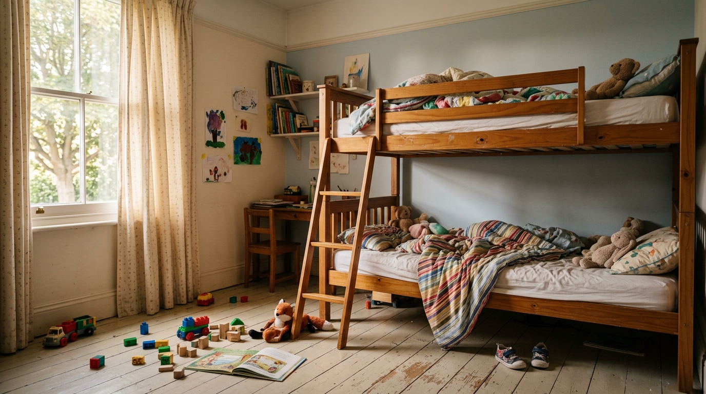 Chambre d'enfants vide avec lits superposés défaits