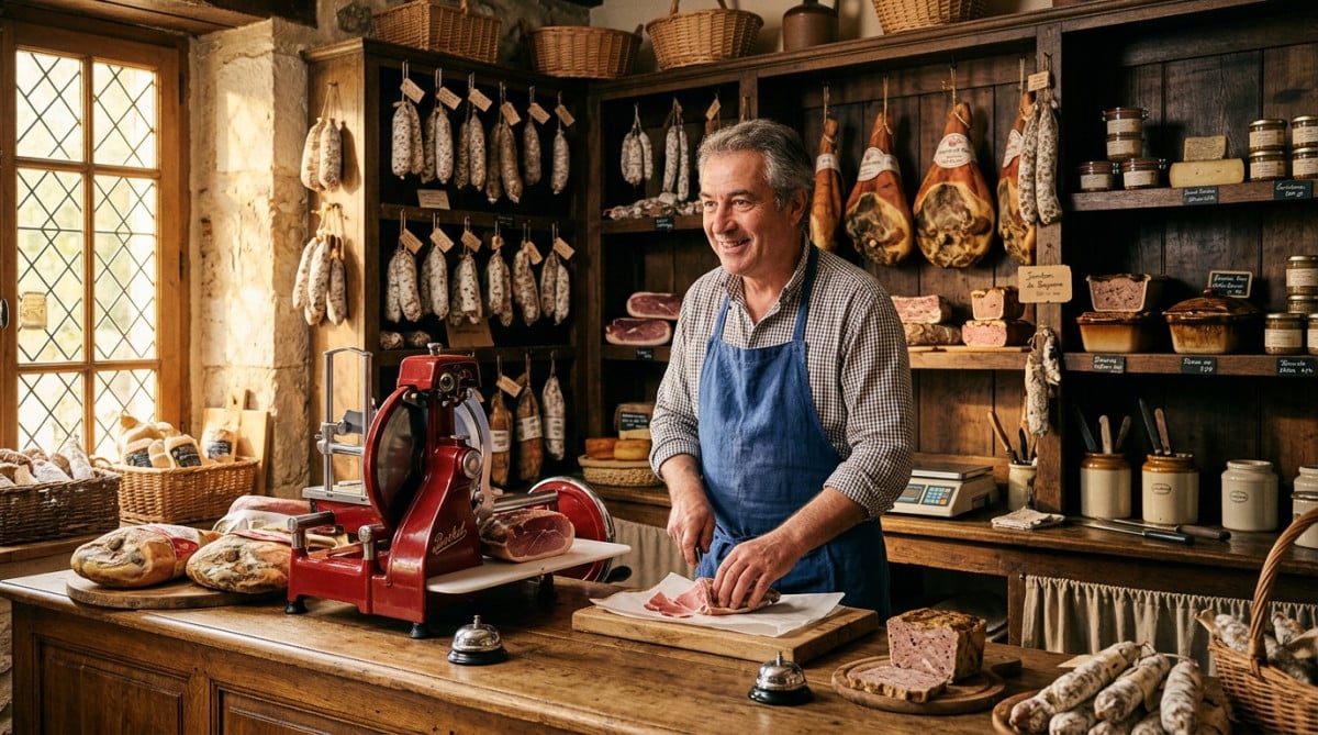 Étal de charcuterie traditionnelle dans une boutique française