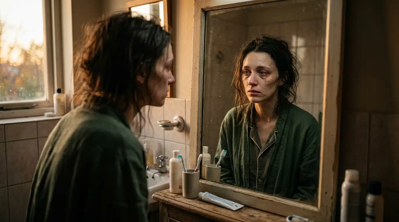 Femme se regardant dans un miroir de salle de bain à l'aube