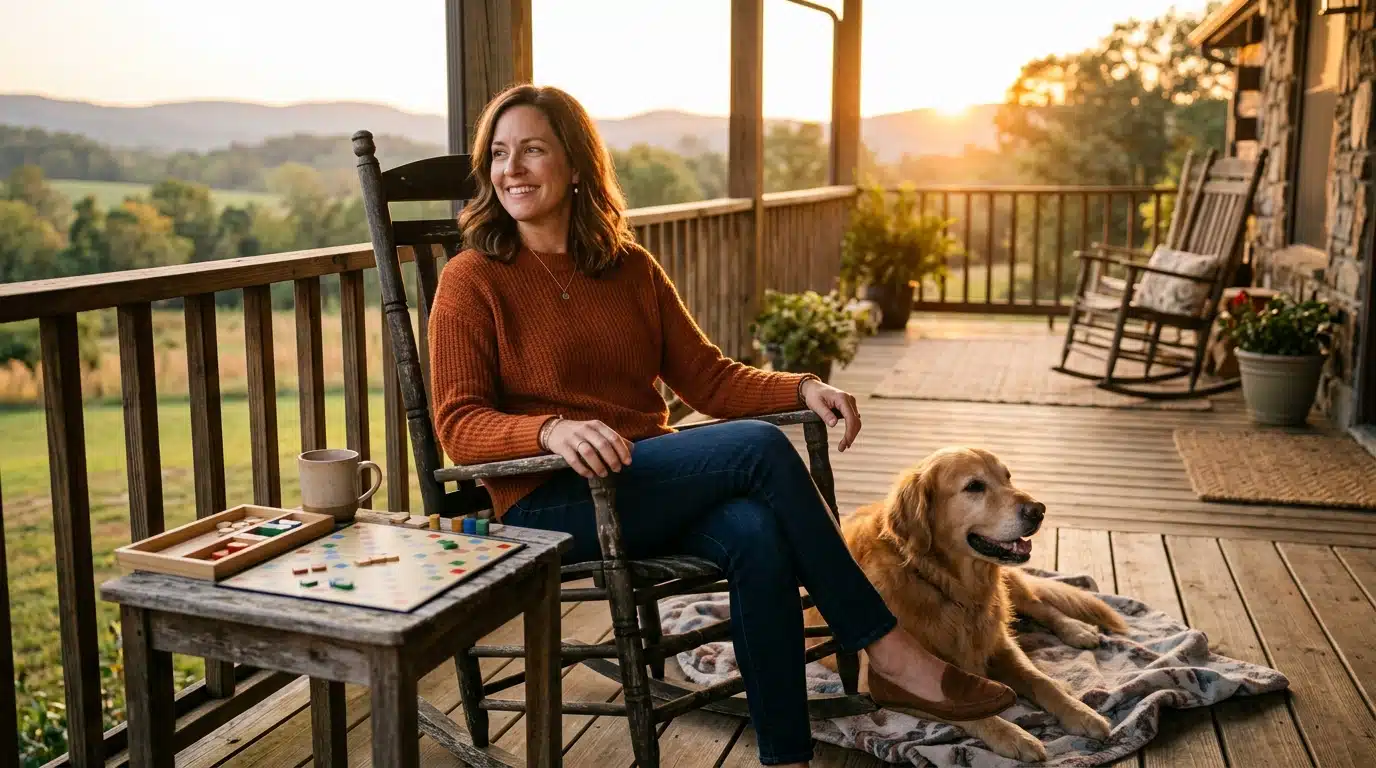 Femme apaisée sur une terrasse avec son chien au coucher du soleil
