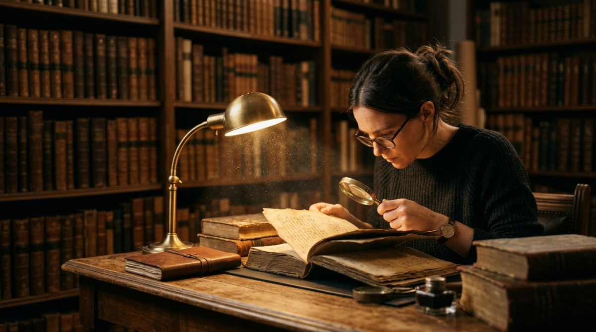Examen de pages anciennes d'un livre dans une bibliothèque