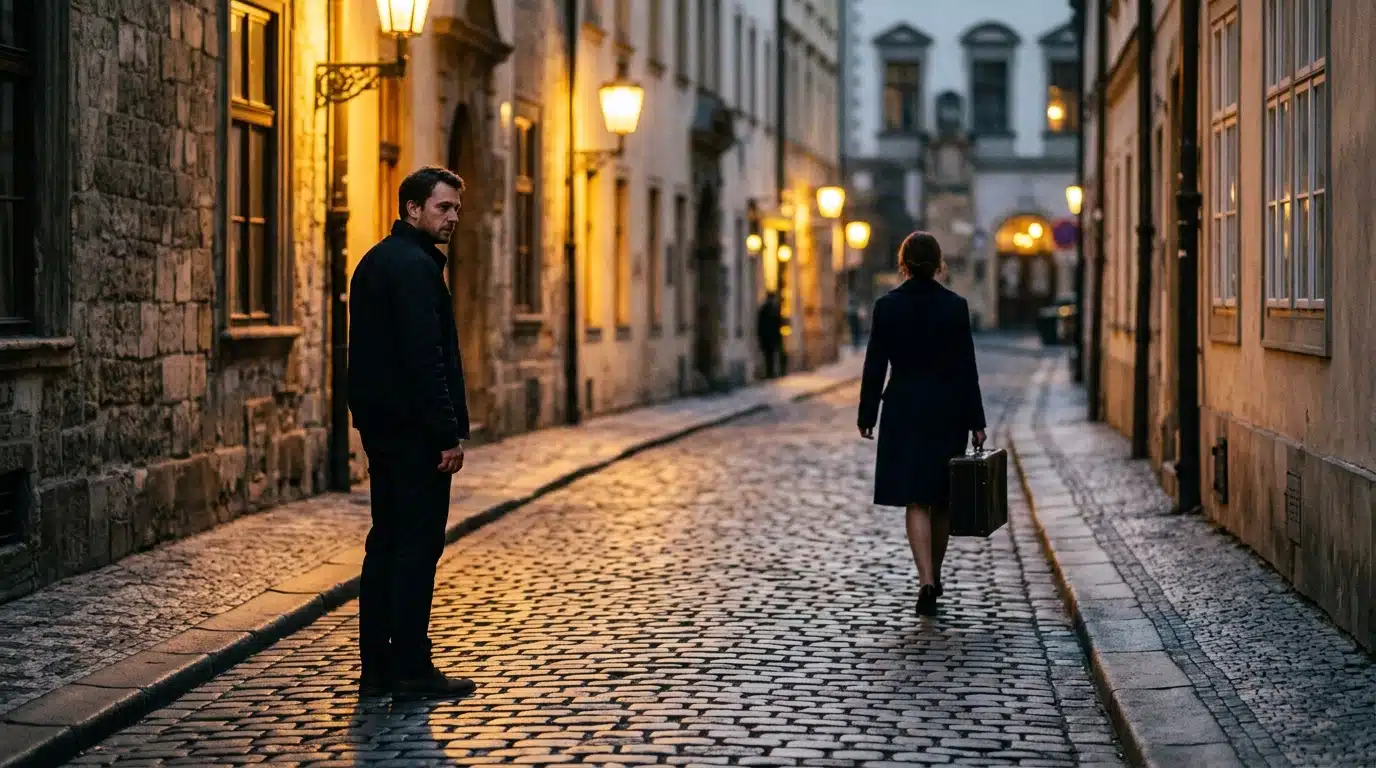 Couple se séparant dans une rue pavée illuminée