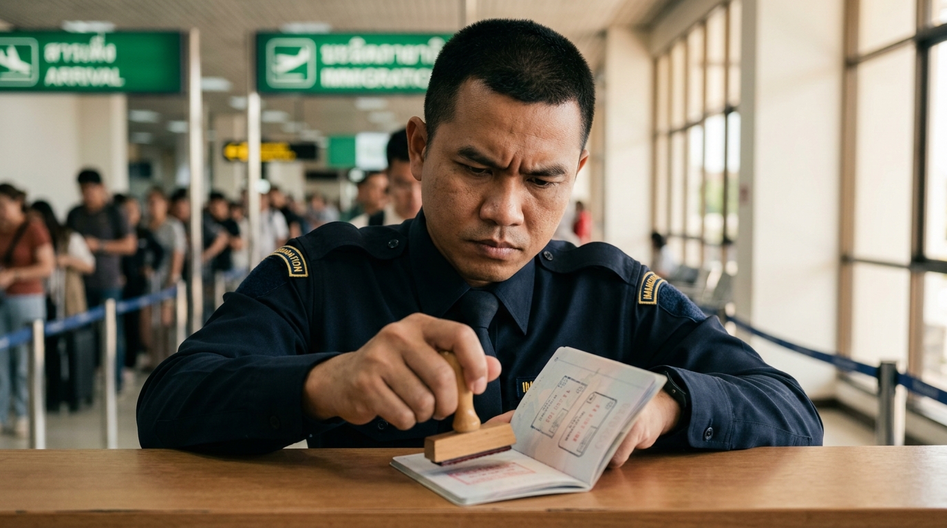Agent d'immigration thaïlandais tamponnant un passeport