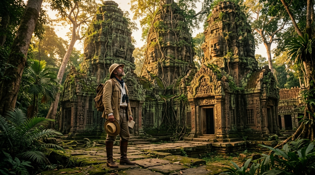 Explorateur découvrant les temples d'Angkor dans la jungle