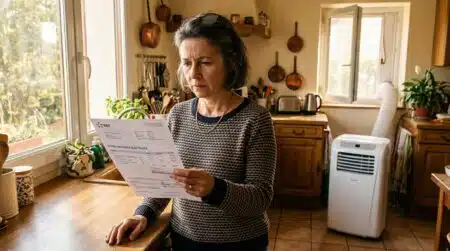Femme inquiète devant sa facture d'électricité en cuisine