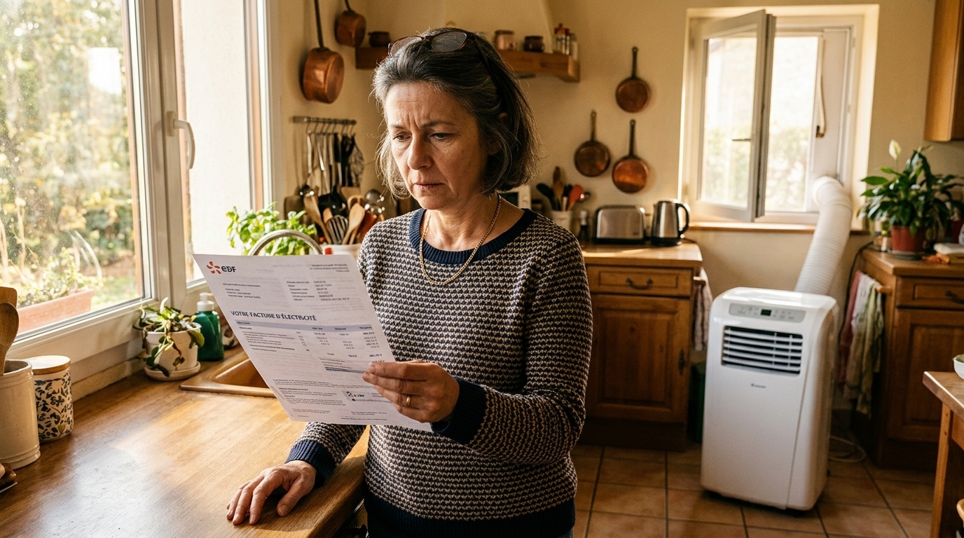 Femme inquiète devant sa facture d'électricité en cuisine