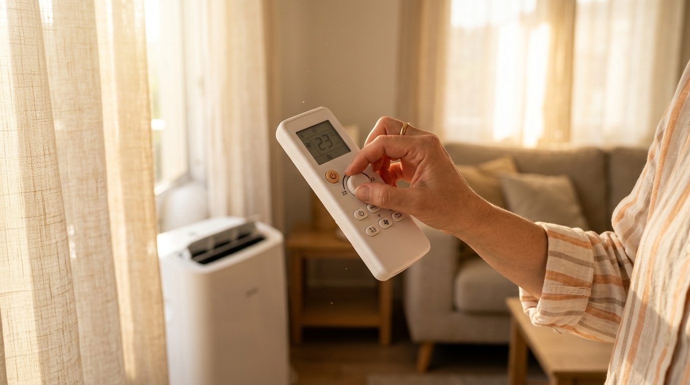 Main réglant la télécommande d'un climatiseur mobile
