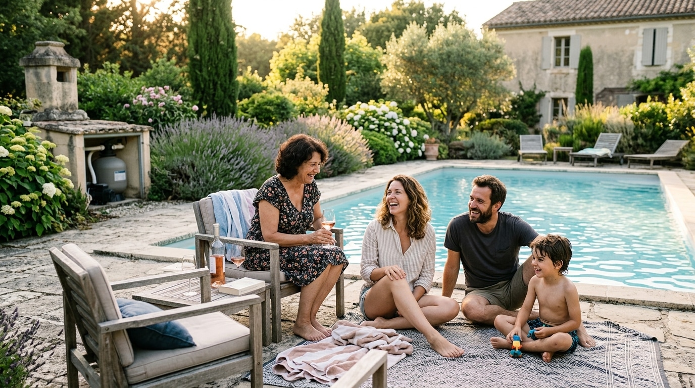 Famille près d'une piscine avec pompe de filtration visible