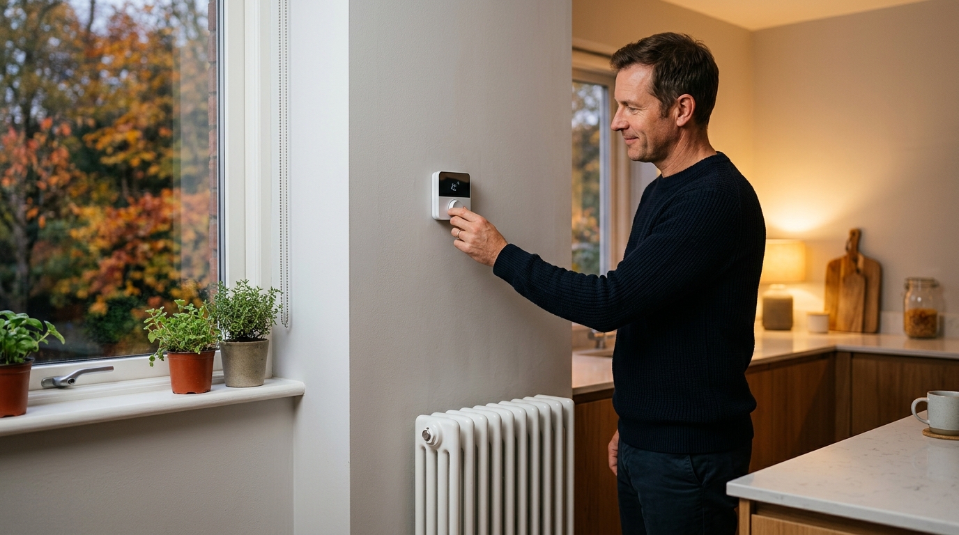 Homme réglant le thermostat du chauffage à la maison