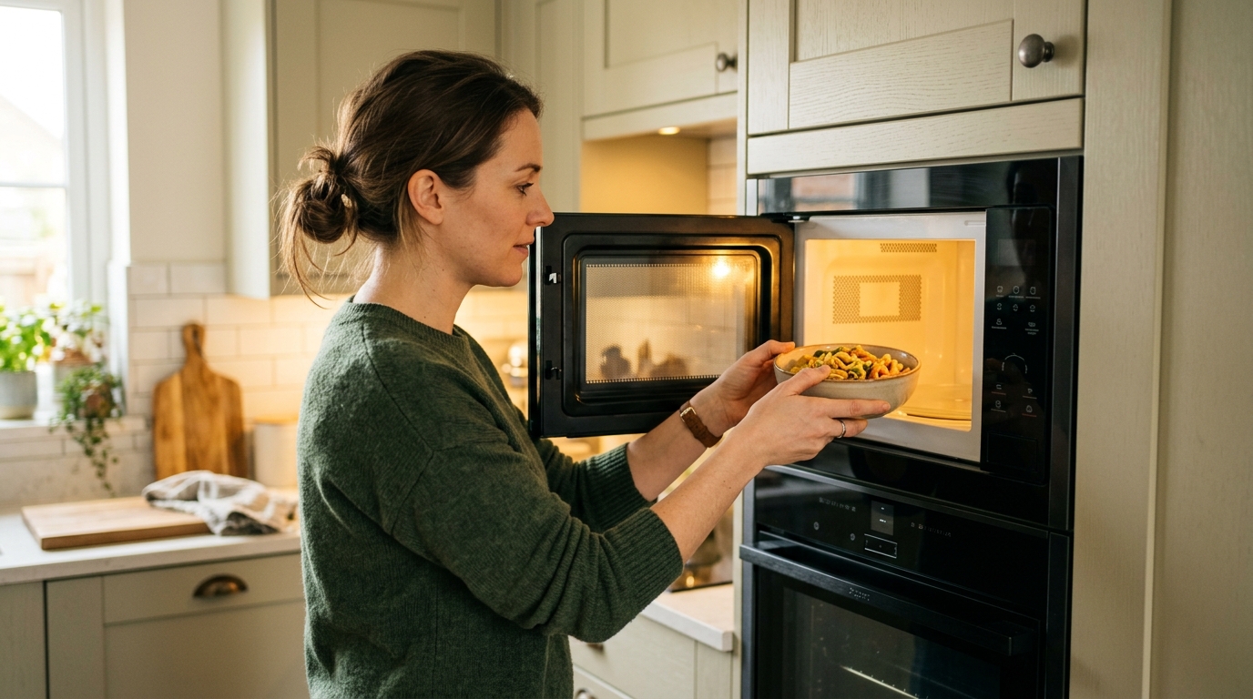 Femme utilisant le micro-ondes plutôt que le four
