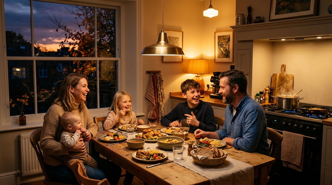 Repas du soir en famille avec lumières allumées