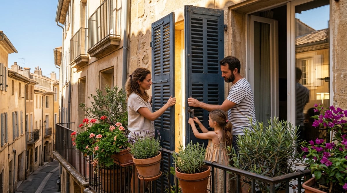 Famille fermant les volets contre la canicule