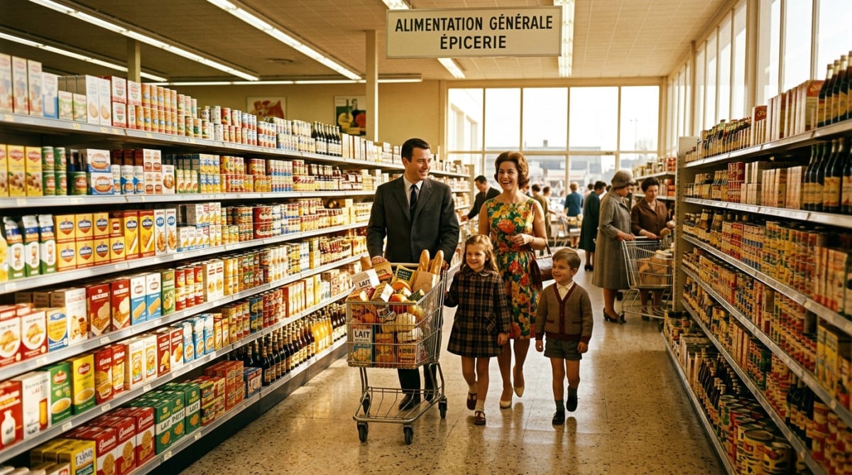 Famille française dans les allées du premier hypermarché en 1963