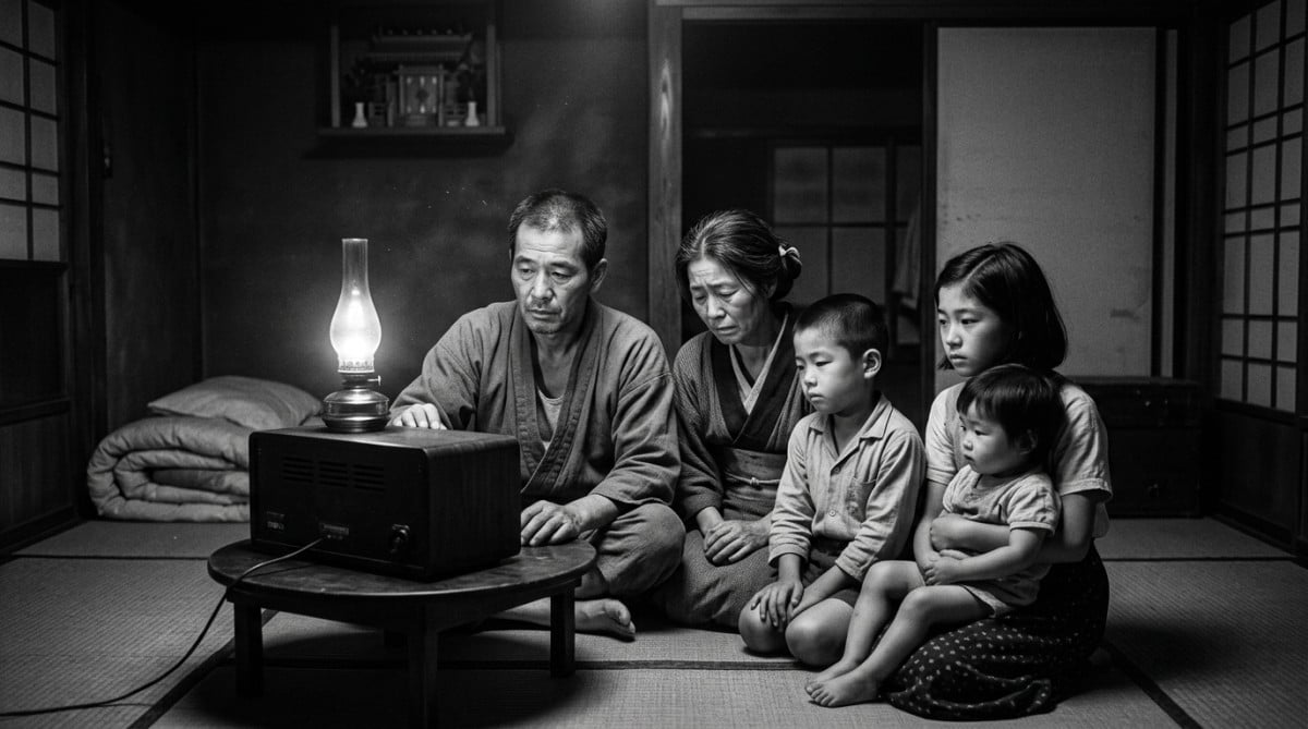 Famille japonaise écoutant la radio en 1945