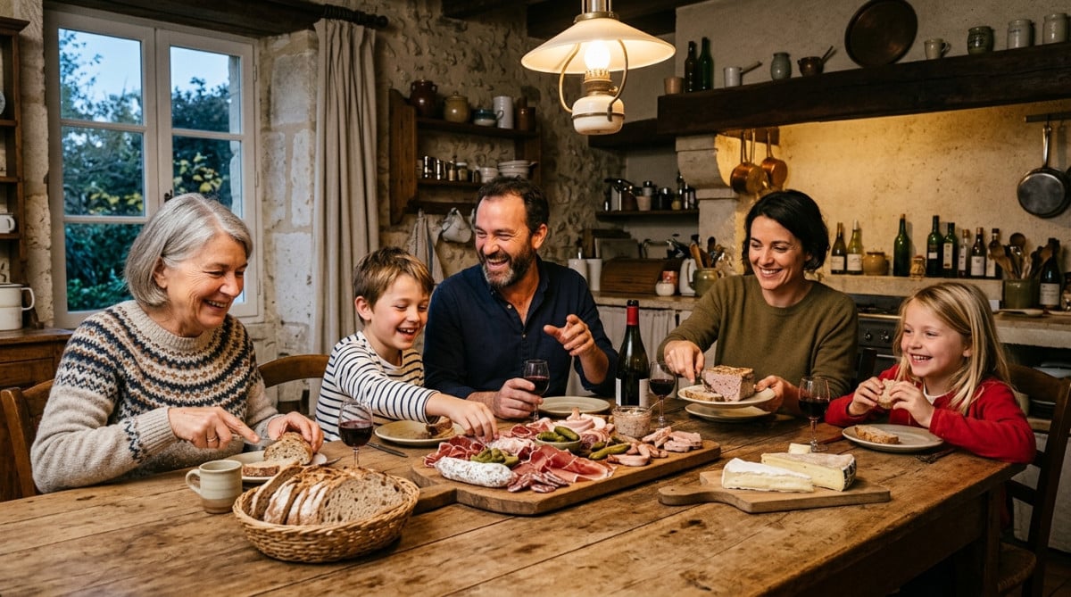 Famille partageant un plateau de charcuterie à table