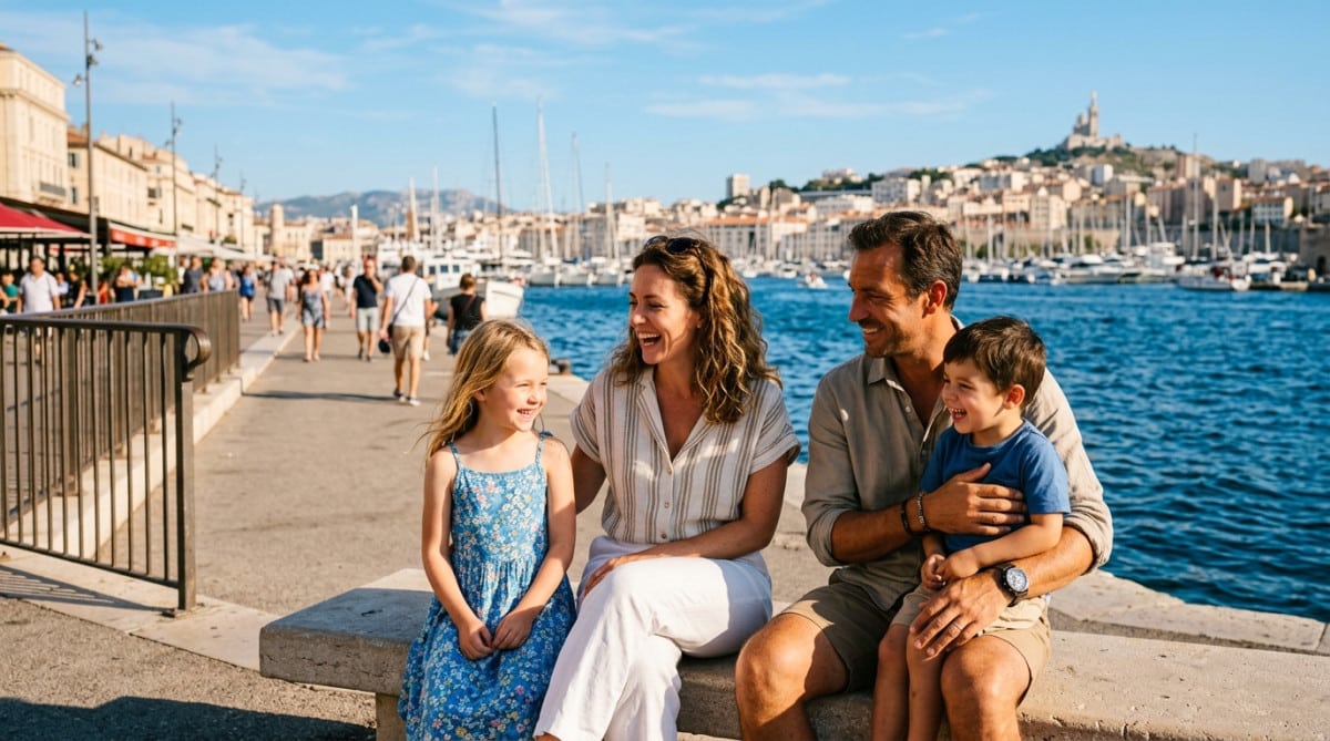 Famille profitant de la fraîcheur du bord de mer à Marseille