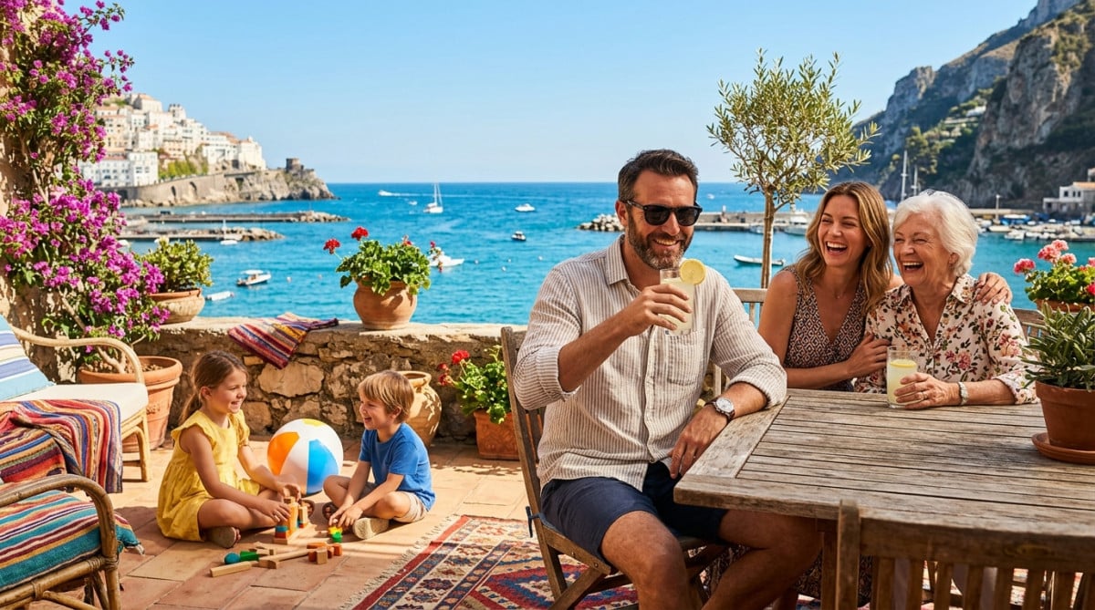 Famille profitant du soleil le week-end en terrasse