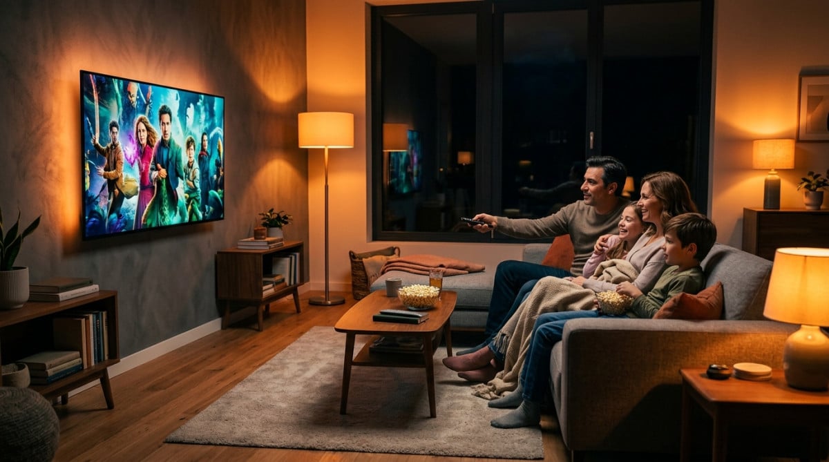Famille regardant un film en streaming sur canapé moderne