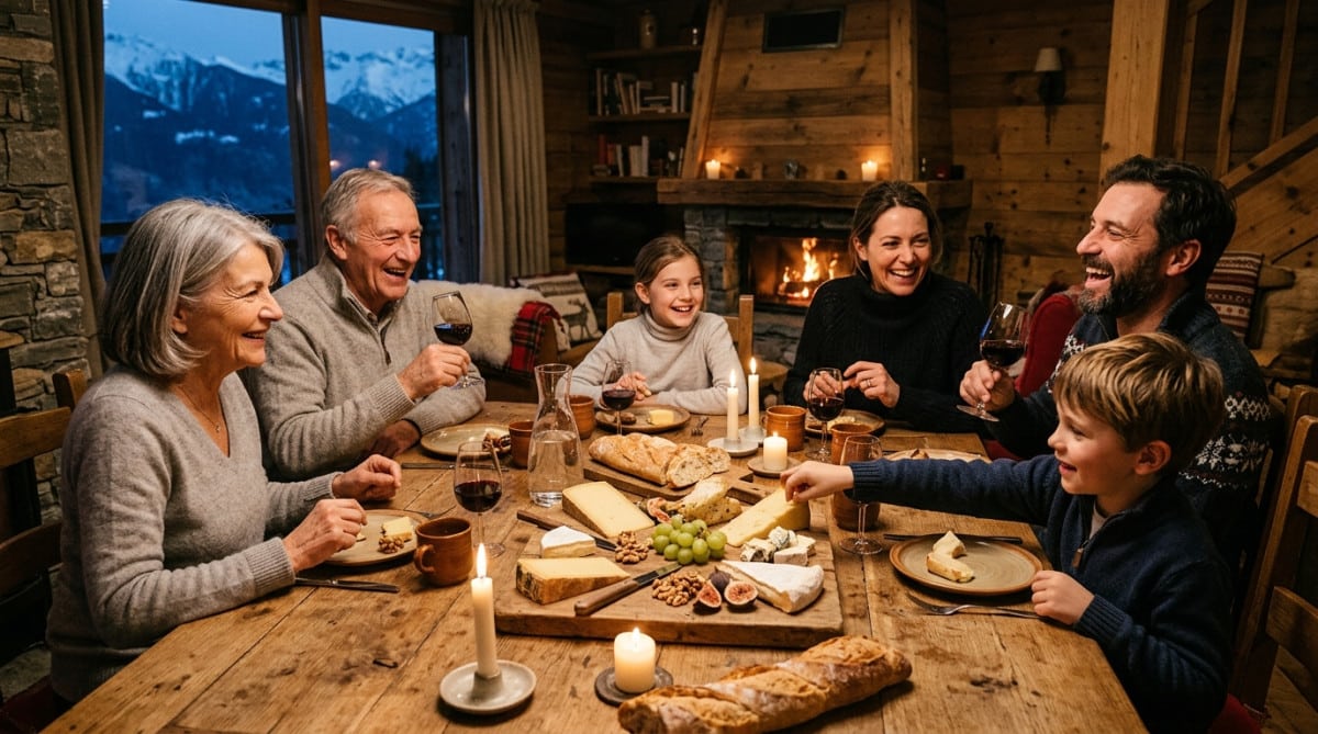 Famille savoyarde partageant un plateau de fromages