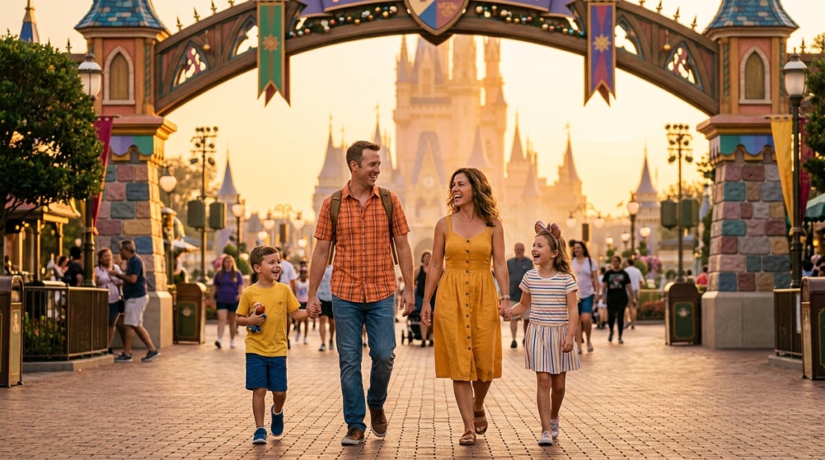 Famille souriante entrant dans un parc d'attractions