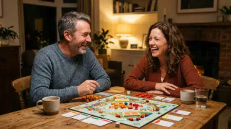 Famille souriante jouant au Monopoly en soirée