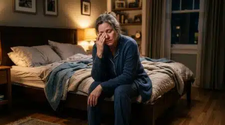 Femme fatiguée se frottant la paupière la nuit