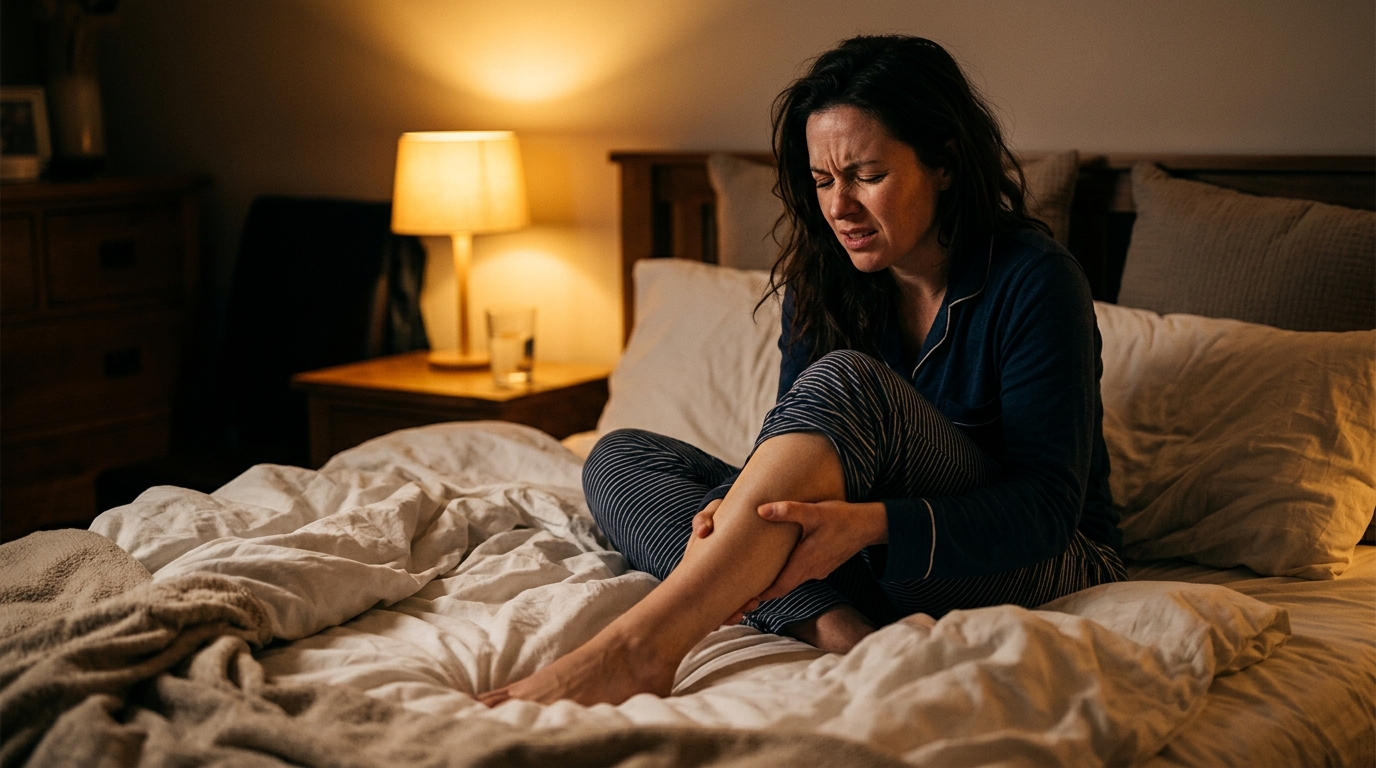 Femme souffrant d'une crampe nocturne à la jambe