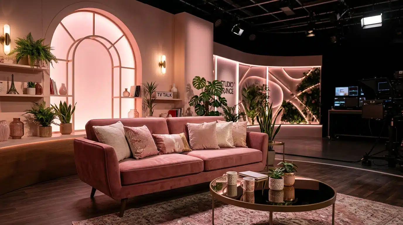 Décor de plateau télévisé chaleureux évoquant les confidences intimes