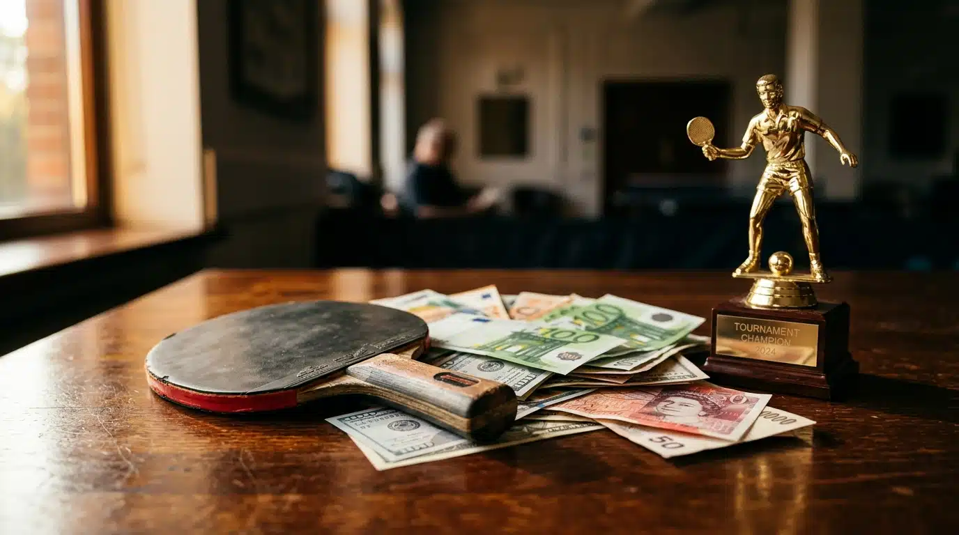 Raquette de ping-pong et billets de banque sur table